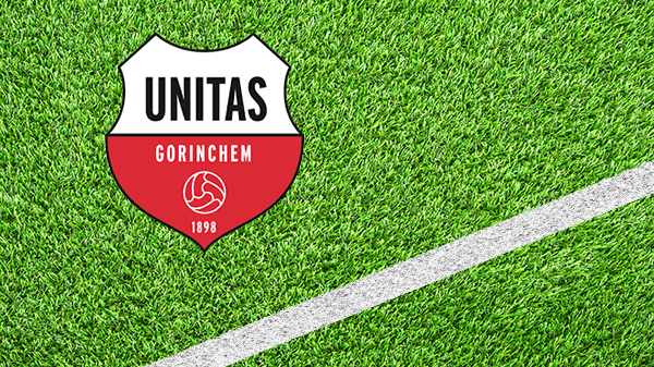 Logo voetbalclub Gorinchem - GVV Unitas - Gorinchemse Voetbalvereniging Unitas - in kleur op grasveld met witte lijn - 600 * 337 pixels